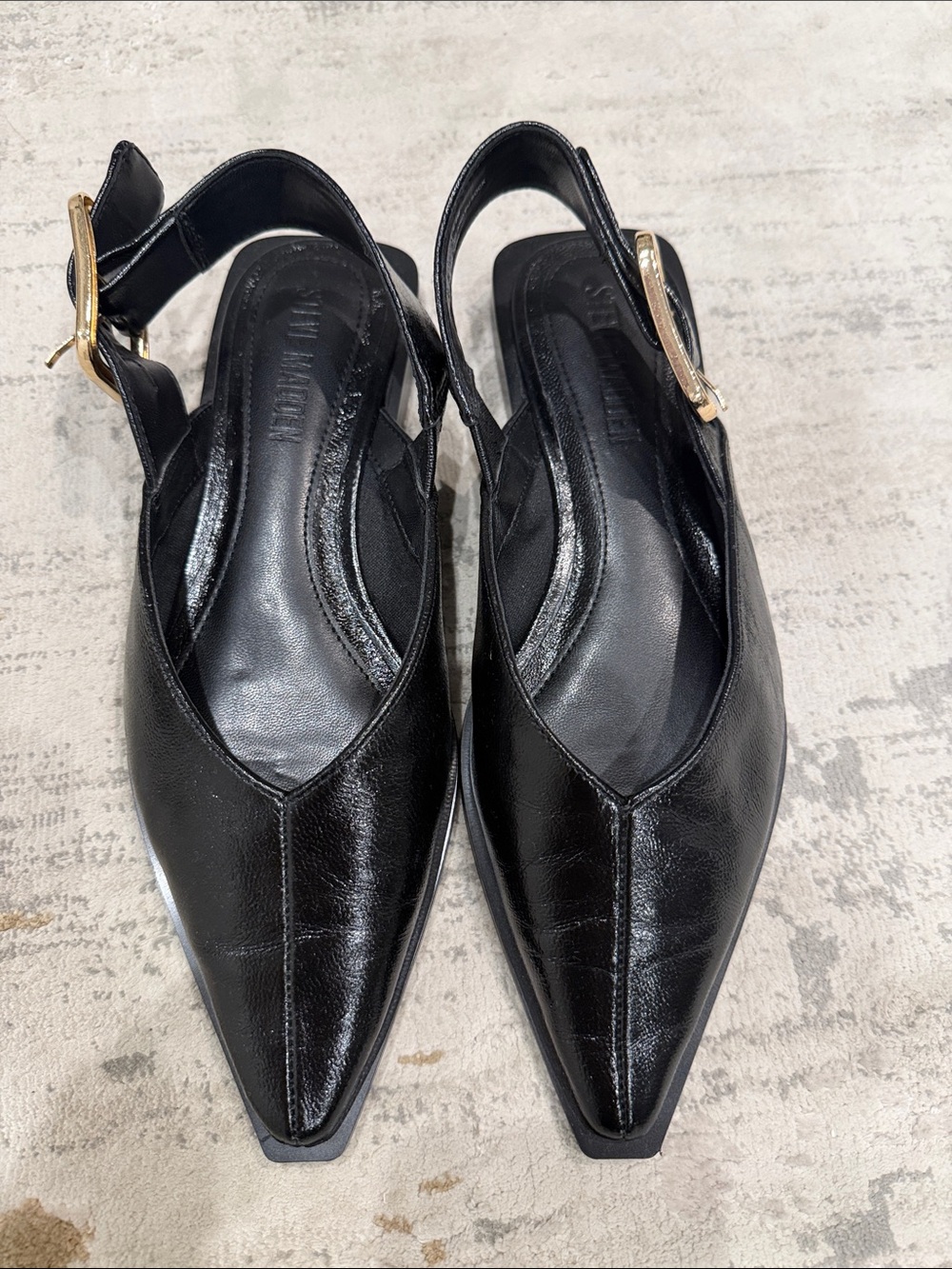 Steve Madden Black Pointed Slingback Mules with Gold Buckle